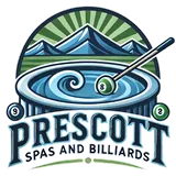Logo for Prescott Spas and Billiards: hot tub with a pool cue, mountains, and the text.