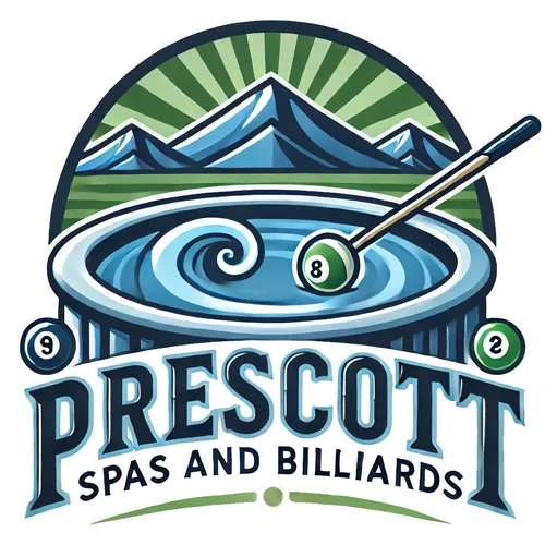 Logo for Prescott Spas and Billiards: hot tub with a pool cue, mountains, and the text.