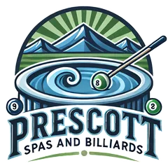 Logo for Prescott Spas and Billiards: hot tub with a pool cue, mountains, and the text.