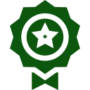 Green award badge with a star, white circle, and a bow-tie-shaped bottom.